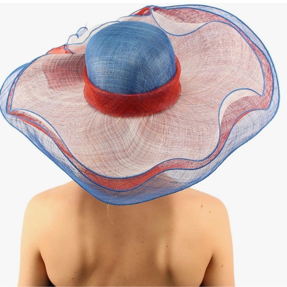 Kentucky Derby Side Flip 7" Brim Sinamay Layered Feather Hat USA Flag Patriotic - Picture 4 of 16